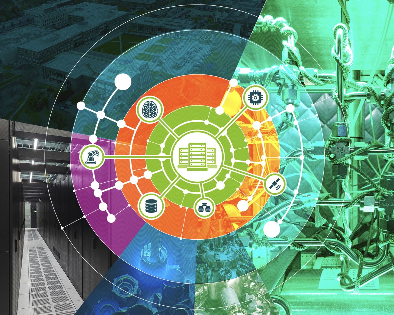 Multiple circles surround a data set with green in the middle, orange on the outer ring, followed by blue at the bottom, green to the right and purple to the left. There are images in the background of ORNL's campus