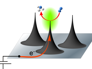 Nanoscale spikes of carbon help catalyze a reaction that generates ammonia from nitrogen and water. Nanoscale spikes of carbon help catalyze a reaction that generates ammonia from nitrogen and water.